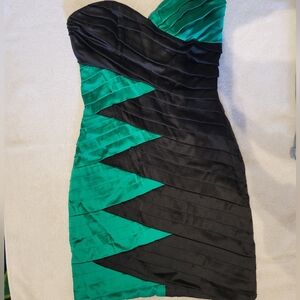 Sz XS Y2K Bebe Bodycon Bandage Silk Strapless Green and Black Dress